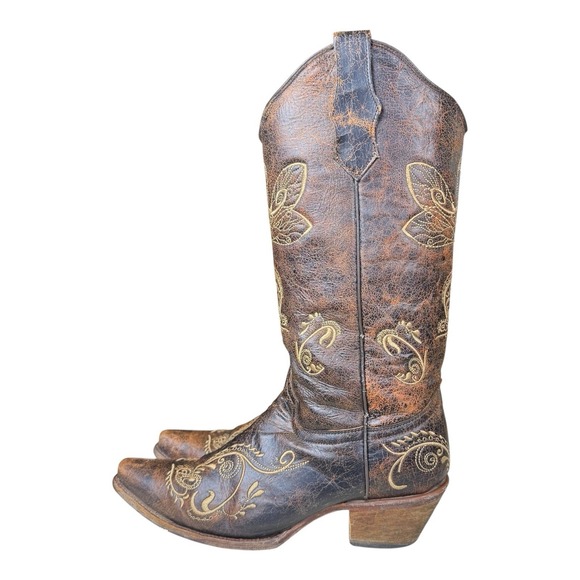Circle G Western Boots Women's 8M L5001 Brown Leather Embroidered Dragonfly - Picture 5 of 13